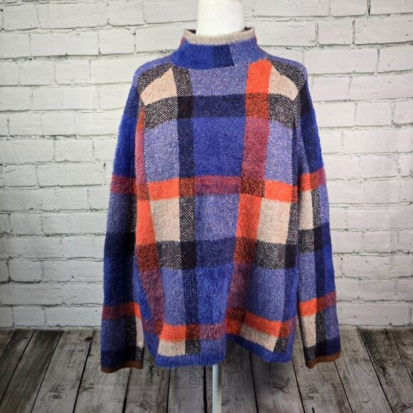 ANN TAYLOR COLOR BLOCK PLAID MOCK TURTLENECK FUZZY SWEATER WOMENS SIZE MED - Picture 7 of 7